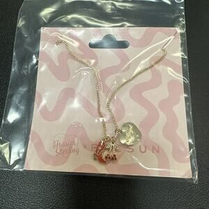 Pacsun gold toe necklace with three charms, red boot, cherries, heart